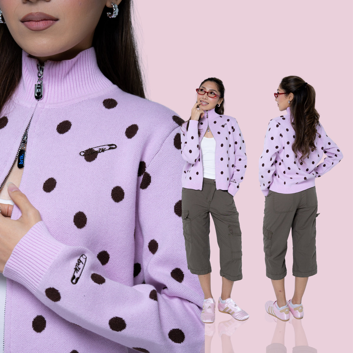 Cardi Knit Polka Dots in Pink/Brown