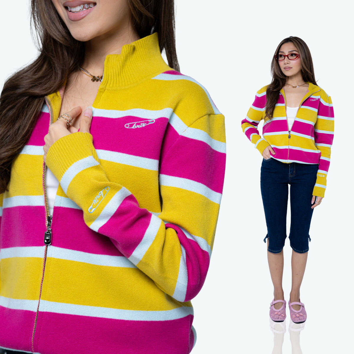 Cardi Knit Stripes in Lime/Fuchsia